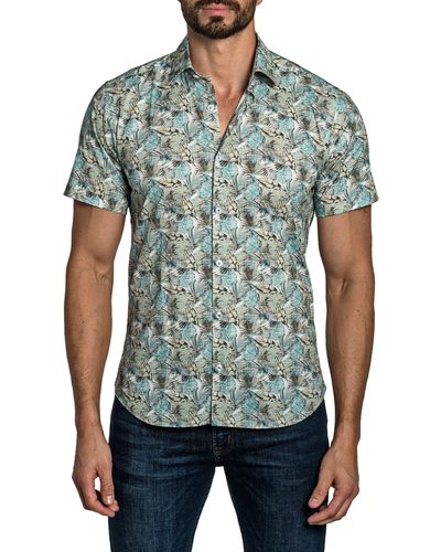 Jared Lang Trim Fit Tropical Print Short Sleeve Cotton Button-up Shirt - Green