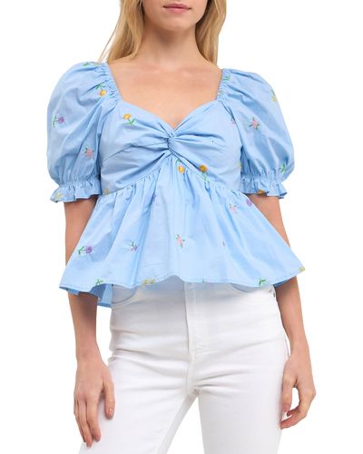 English Factory Floral Embroidered Puff Sleeve Babydoll Top - Blue