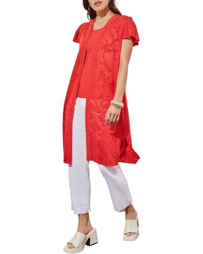 Ming Wang Floral Jacquard Short Sleeve Longline Jacket - Red