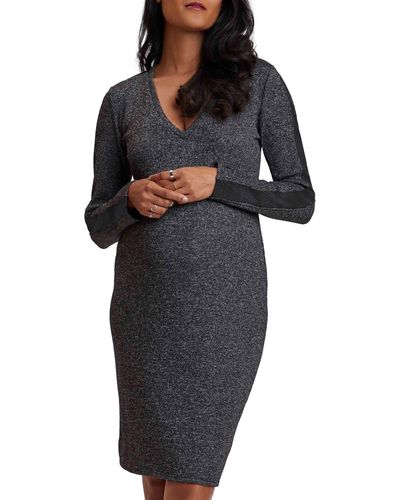Stowaway Collection Long Sleeve Faux Suede Trim Maternity Dress - Black