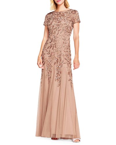Adrianna Papell Floral Embroidered Beaded Trumpet Gown - Natural