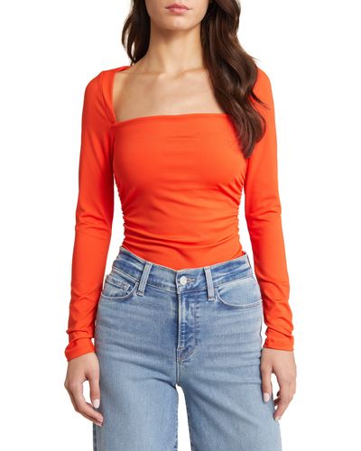 Open Edit Ruched Square Neck Top - Red