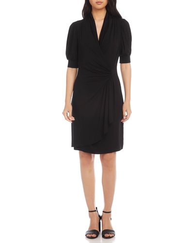 Karen Kane Puff Sleeve Jersey Faux Wrap Dress - Black