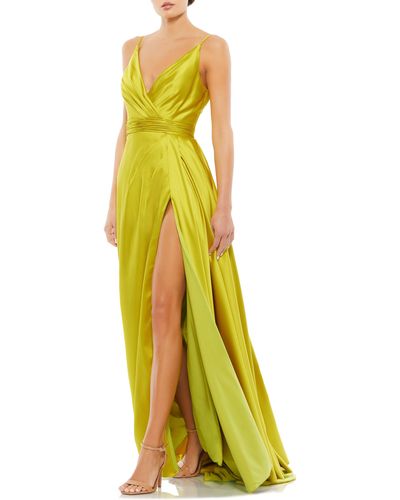 Mac Duggal Wrap Front Pleated Satin Gown - Yellow