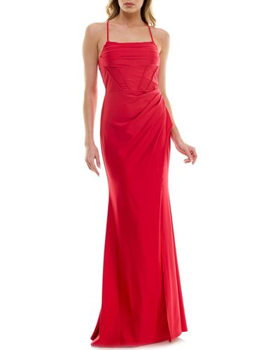 Speechless Pleated Lace-up Back Sleeveless Gown - Red
