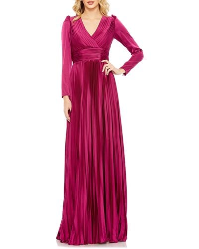 Mac Duggal Long Sleeve Pleated Chiffon A-line Gown - Purple
