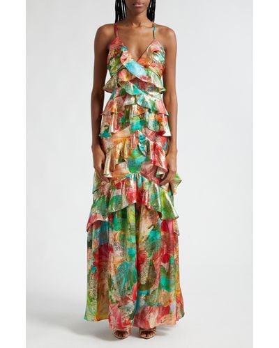 Ramy Brook Harlen Metallic Floral Ruffle Gown - Multicolor