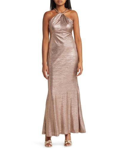 Vince Camuto Metallic Embellished Twist Neck Gown - Brown