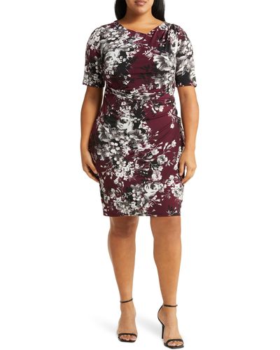 Connected Apparel Floral Faux Wrap Dress - Red