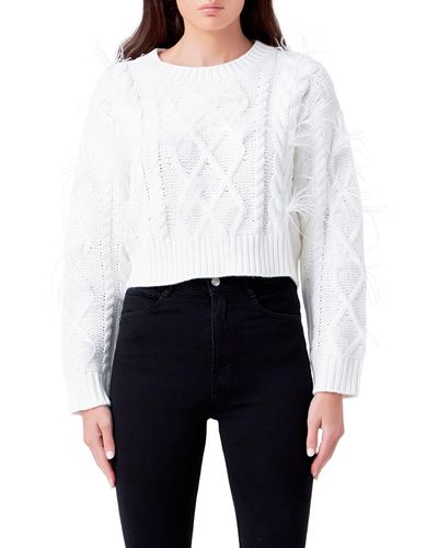 Endless Rose Feather Trim Crop Sweater - White