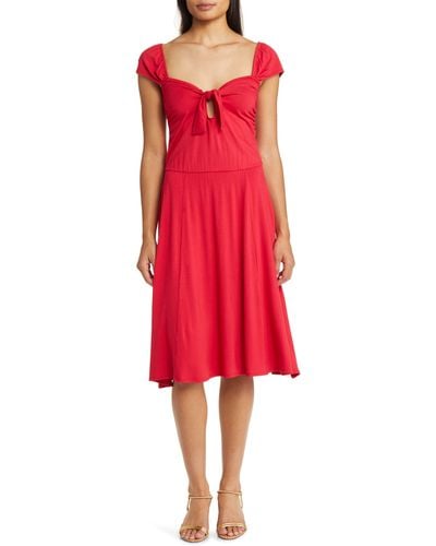 Loveappella Tie Front Cap Sleeve A-line Dress - Red