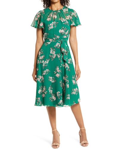 Harper Rose Floral Flutter Sleeve Chiffon Dress - Green