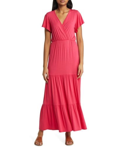 Loveappella Tiered Faux Wrap Knit Maxi Dress