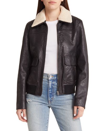 Treasure & Bond Leather Bomber Jacket With Removable Faux Shearling Trim - Black