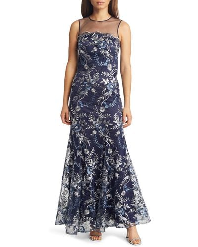 Eliza J Floral Sequin Embroidered Sheer Yoke Gown - Blue