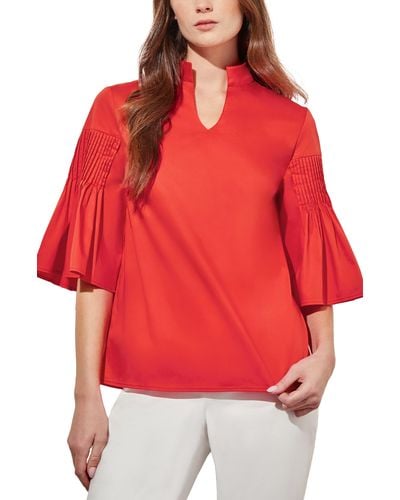 Ming Wang Pleated Bell Sleeve Top - Red