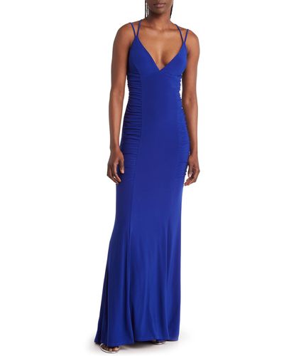 Jump Apparel Ruched Lace-up Jersey Column Gown - Blue