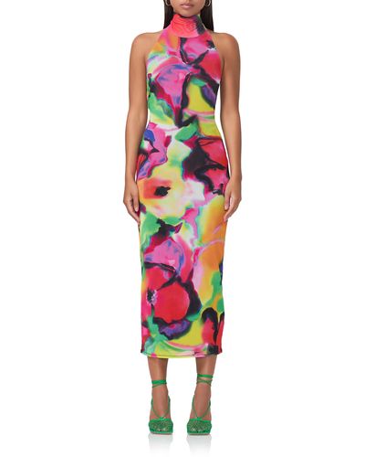 AFRM Olimpia Printed Turtleneck Mesh Halter Dress - Multicolor