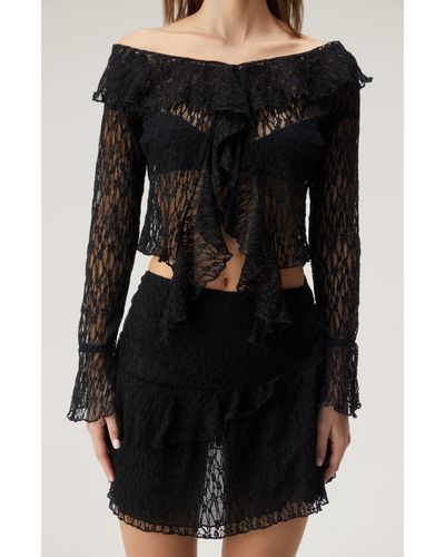 Nasty Gal Sheer Lace Ruffle Off The Shoulder Crop Top - Black