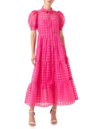 English Factory Grid Pattern Tiered Midi Shirtdress - Pink