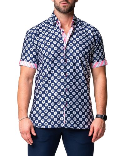 Maceoo Galileo Dogdot Stretch Short Sleeve Button-up Shirt At Nordstrom - Blue