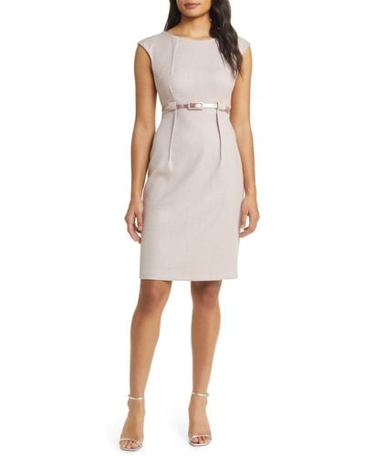 Connected Apparel Belted Cap Sleeve Sheath Dress - Natural