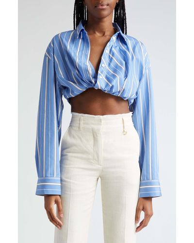 Jacquemus La Chemise Bahia Stripe Crop Cotton Shirt - Blue