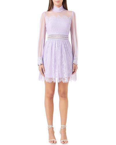 Endless Rose Mixed Lace Long Sleeve Cocktail Dress - Purple