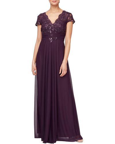 Alex Evenings Sequin Lace Bodice Gown - Purple