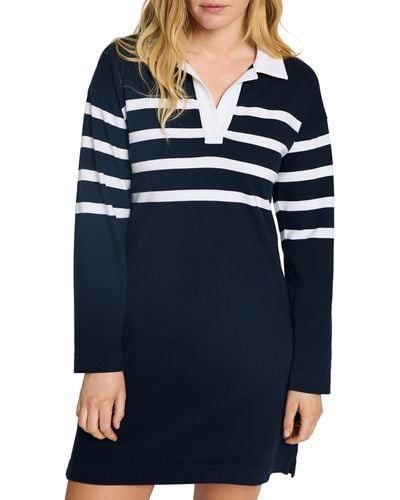 Faherty Rugby Stripe Long Sleeve Cotton Polo Dress - Blue