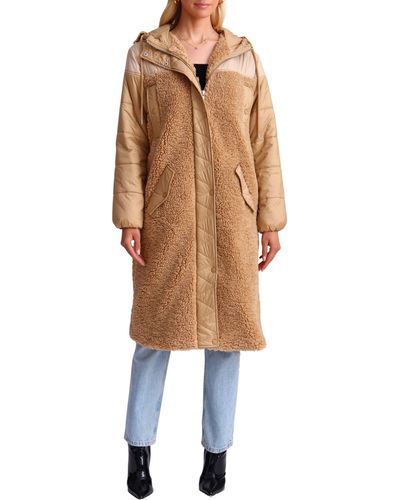 Avec Les Filles Mixed Media Faux Shearling Quilted Hooded Coat - Natural