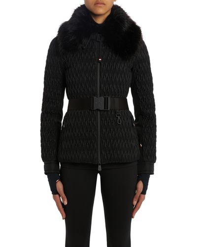 3 MONCLER GRENOBLE Plantrey Pleated Belted Down Jacket With Removable Faux Fur Collar - Black