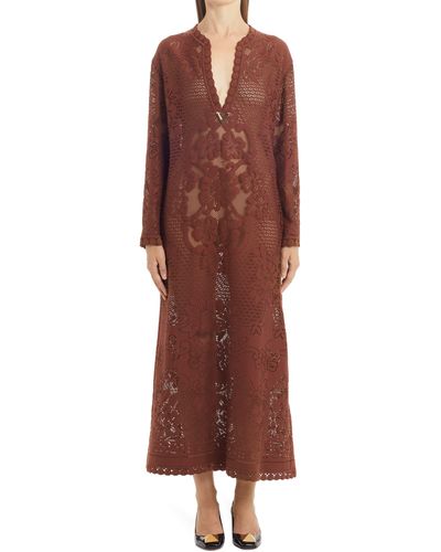 Valentino Peonies Blanket Long Sleeve Caftan Lace Dress - Brown