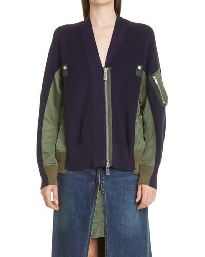 Sacai Hybrid Cotton & Nylon Ma-1 Sweater Jacket - Blue