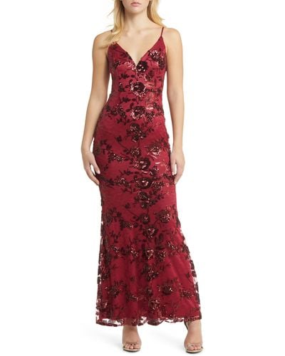 Lulus Shine Language Floral Sequined Lace Gown - Red