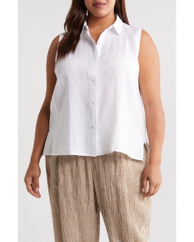 Eileen Fisher Classic Sleeveless Organic Linen Button-up Shirt - White