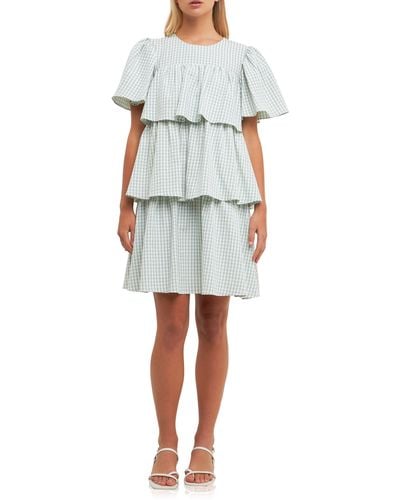 English Factory Gingham Print Tiered Dress - White