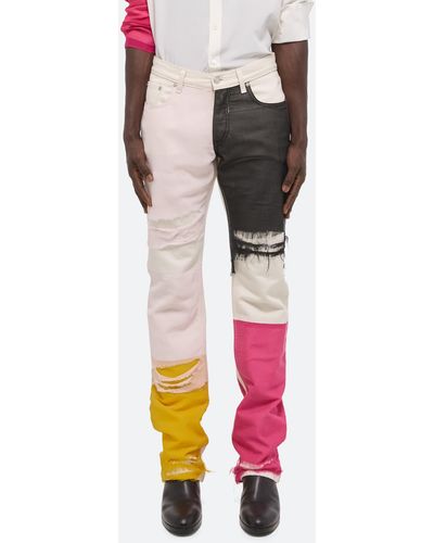 Helmut Lang Colorblock Distressed Silk Chiffon Panel Straight Leg Jeans - Multicolor
