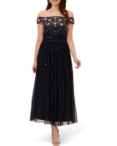 Adrianna Papell Beaded Off The Shoulder Tulle Gown - Black