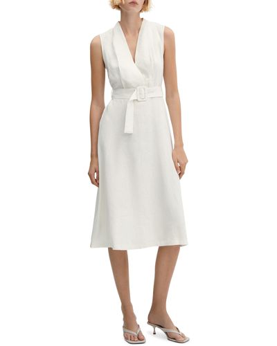 Mango Sleeveless Belted Linen Dress - White