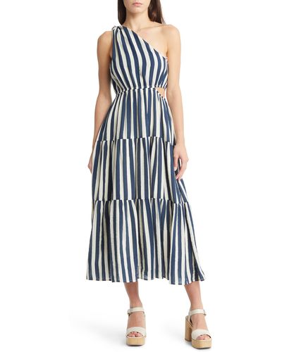 Moon River Stripe One-shoulder Cutout Midi Dress - Blue