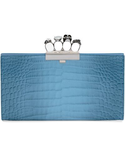Alexander McQueen Jeweled Four-ring Flat Pouch Ombré Croc Embossed Leather Clutch - Blue
