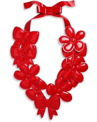 Comme des Garçons Bow & Flower Appliqué Faux Leather Necklace - Red
