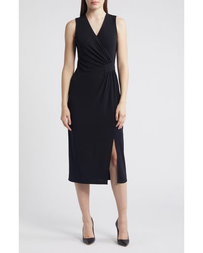 Anne Klein Faux Wrap Sleeveless Jersey Midi Dress - Black