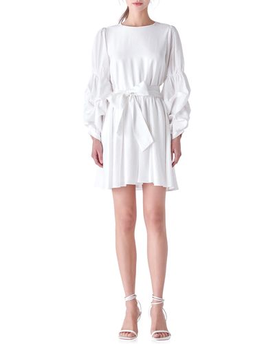 English Factory Cinched Puff Shoulder Long Sleeve Tie Belt Dress - White