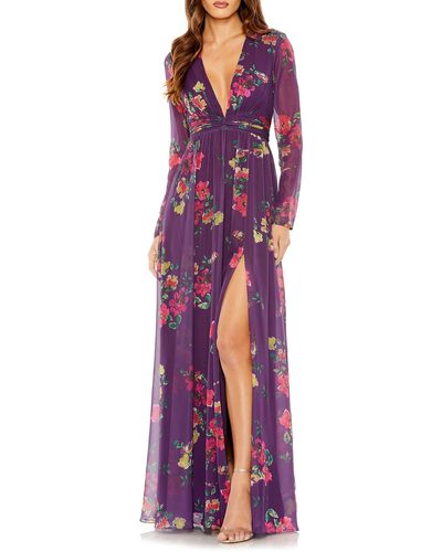 Ieena for Mac Duggal Floral Plunge Neck Long Sleeve Gown - Purple