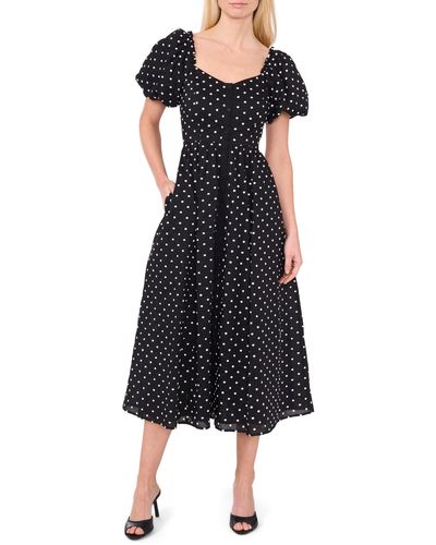 Cece Polka Dot Puff Sleeve Midi Dress - Black