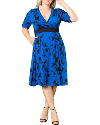 Kiyonna Gabriella Print Jersey A-line Dress - Blue