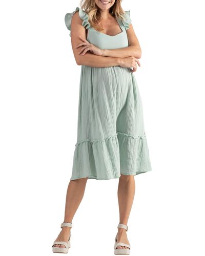 Cache Coeur Melody Organic Cotton Gauze Maternity/nursing Midi Dress - Green