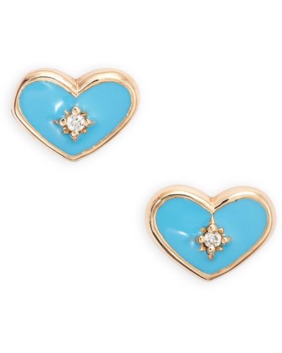 Anzie Enamel & Diamond Heart Stud Earrings - Blue